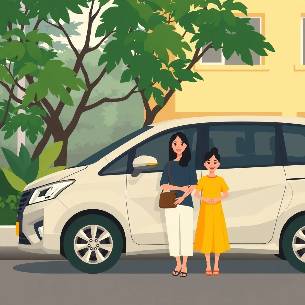 Ilustrasi sebuah keluarga berdiri di samping mobil keluarga mereka